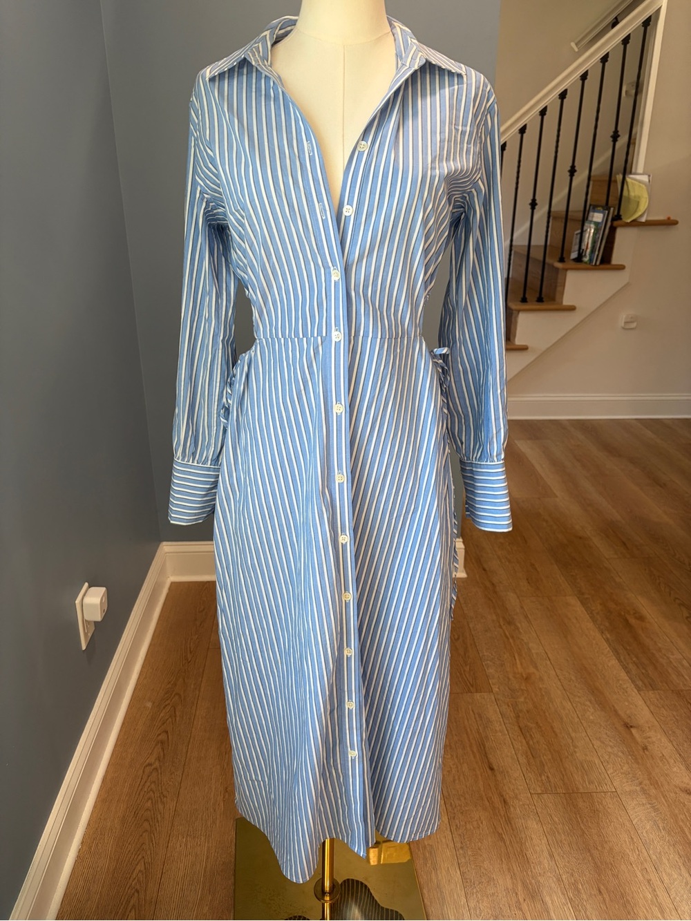 Rails Blue White Striped Cutout Tie Waist Button Front Midi Shirt Dress Small